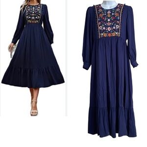 Navy Blue Embroidered Dress Sz Medium Floral Boho Long Sleeves Tiered Elastic